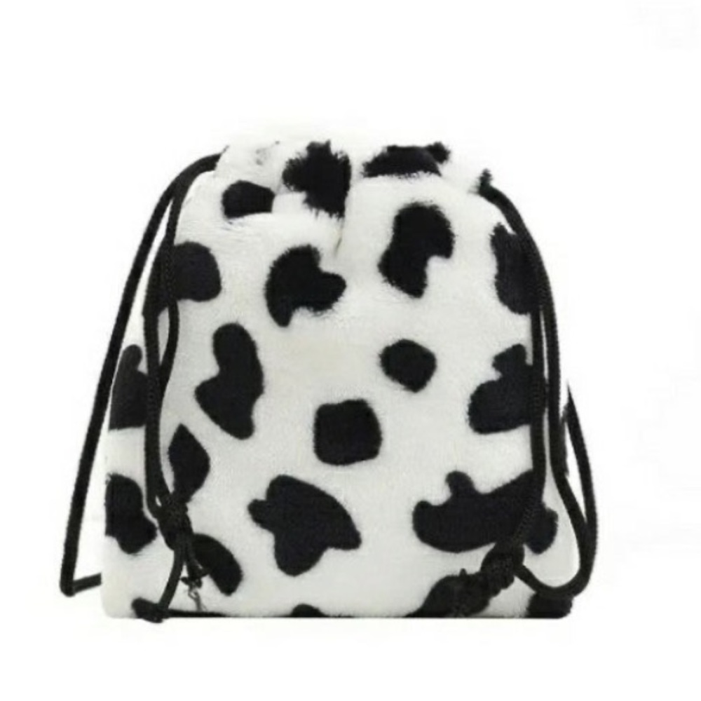Cow Print Fluffy Drawstring Pouch